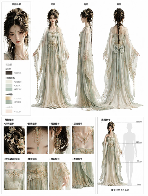 国风古装美女多视角人设原画 AI 绘画提示词