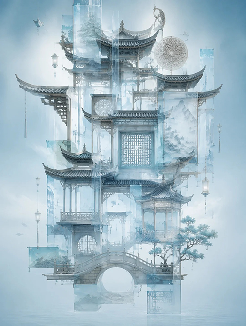 国风仙侠漫剧分镜AI绘画提示词 – 解构主义中式悬浮建筑模板