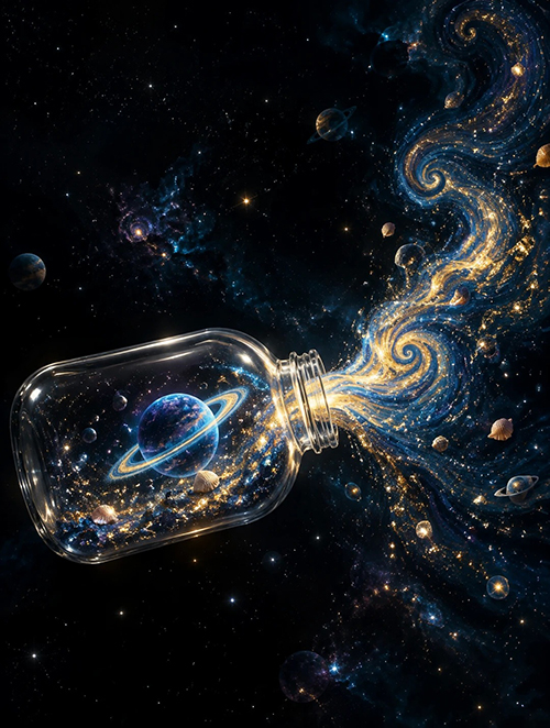 瓶内微型宇宙概念艺术AI绘画提示词 – 梵高星夜风格CG模板