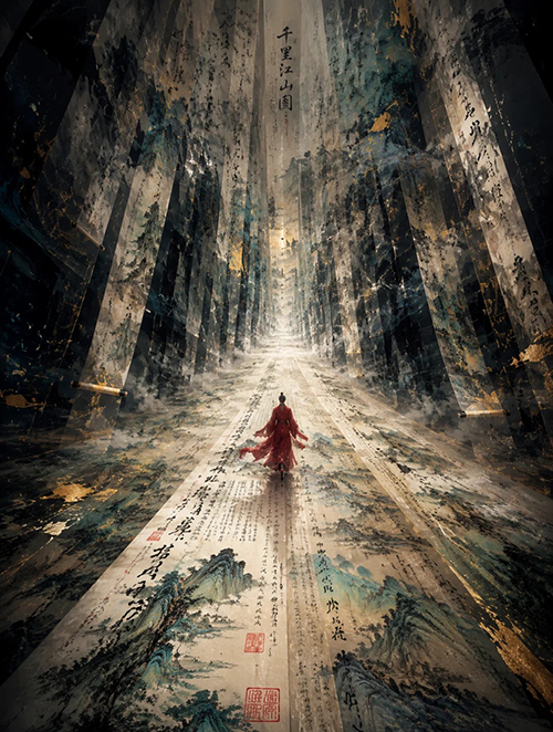 水墨千里江山图AI绘画提示词 – 红衣书生电影感插画模板