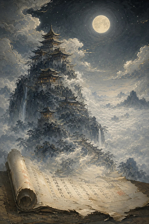李白夜宿山寺古风夜景彩色水墨AI绘画效果图