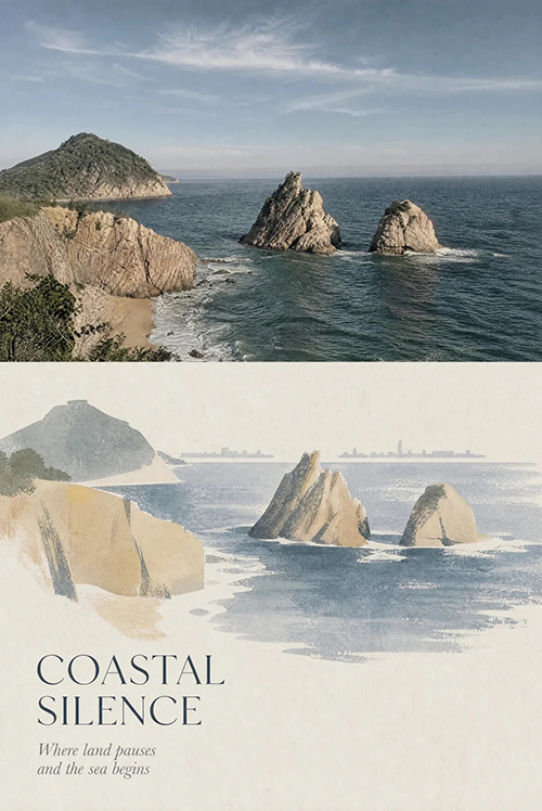 照片转极简编辑艺术海报AI绘画提示词 – 上下分区风景插画模板