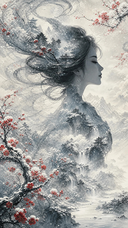 中国水墨女性剪影冬季山水幻想插画AI绘画效果图