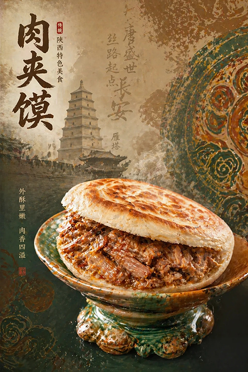 肉夹馍高级商业美食海报AI绘画提示词 – 唐三彩风格广告模板
