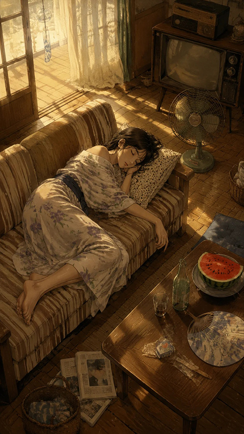 昭和夏日午后浴衣少女AI绘画提示词 – 日式复古手绘插画模板