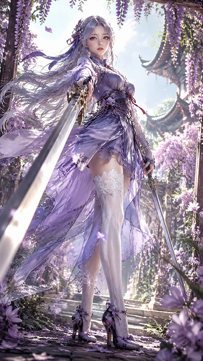 东方幻想女剑客3D CG角色AI绘画提示词 – 清冷紫发美女设计模板
