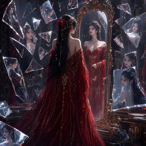 东方幻想美女镜中世界AI绘画提示词 – 3D CG电影感插画模板