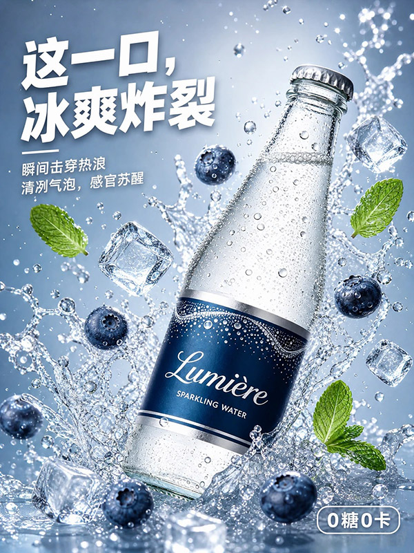 气泡水商业海报AI绘画提示词 – 冰爽夏日电商广告模板