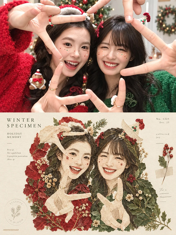 照片转压花标本拼贴海报AI绘画提示词 – 圣诞节日纪念模板