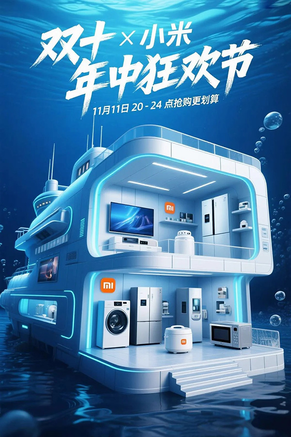 小米电器双十一电商促销海报AI绘画提示词 – 海底舰艇3D渲染模板