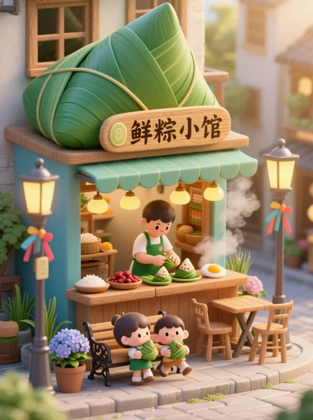 3D Q版粽子售卖店奇幻微缩世界AI绘画提示词 – 端午节超萌场景模板