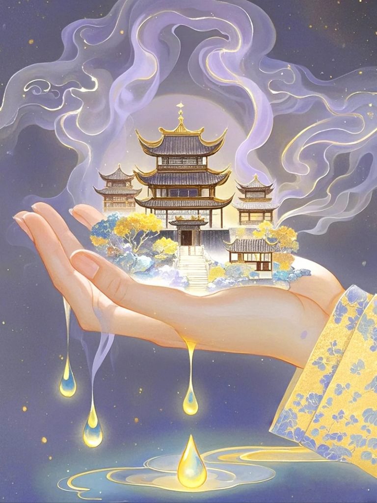 岩彩掌心建筑新中式国风AI绘画提示词 – 神秘工笔插画模板