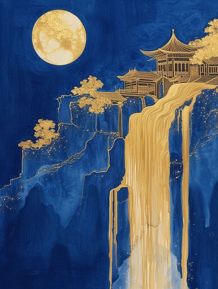 克莱因蓝金色瀑布中国古建筑AI绘画提示词 – 极简东方艺术模板