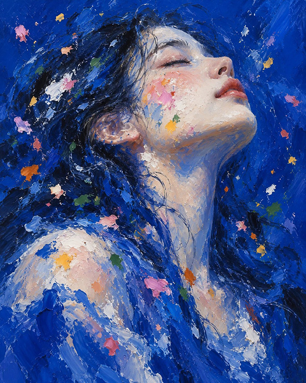 油画质感克莱因蓝少女写意人像艺术插画AI绘画效果图
