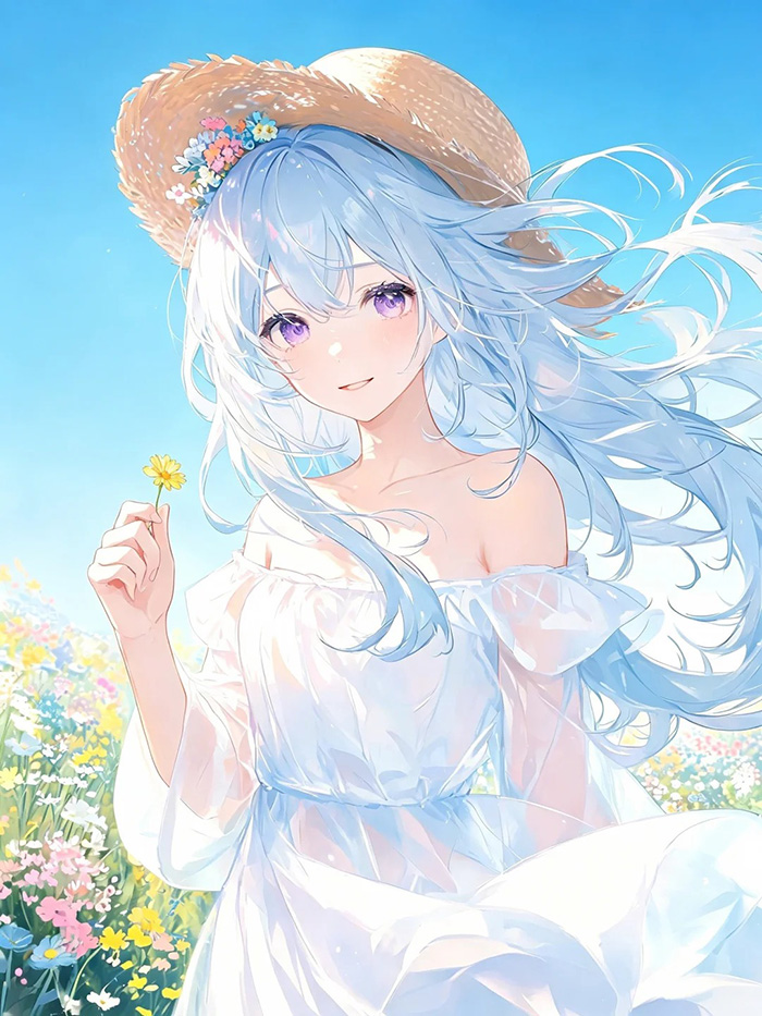 夏日花海二次元少女治愈系马卡龙油画风插画AI绘画效果图