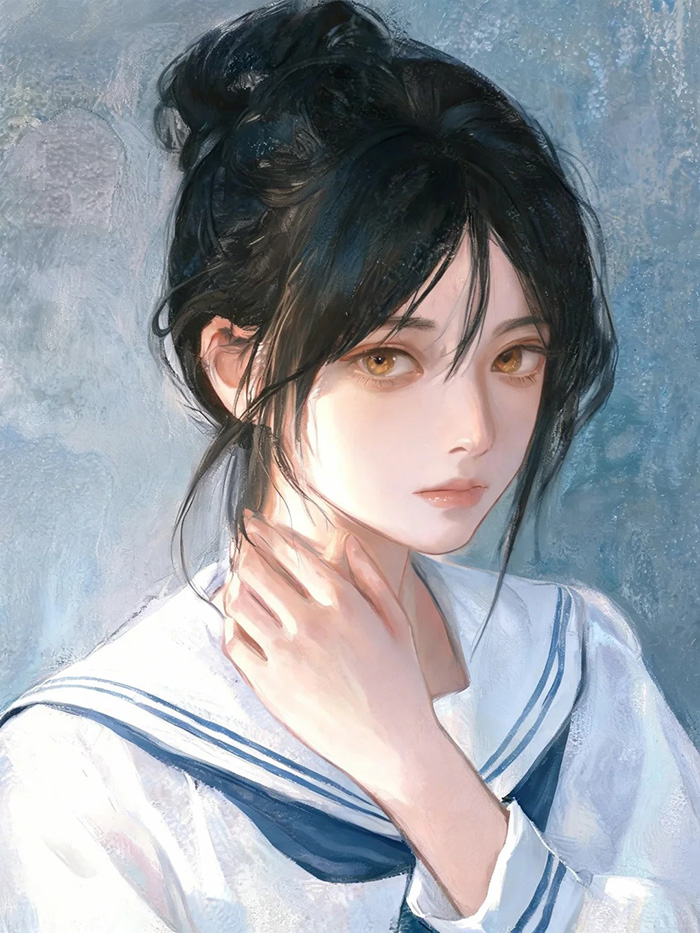厚涂油画清冷少女半身肖像AI绘画提示词 – 写实二次元插画模板