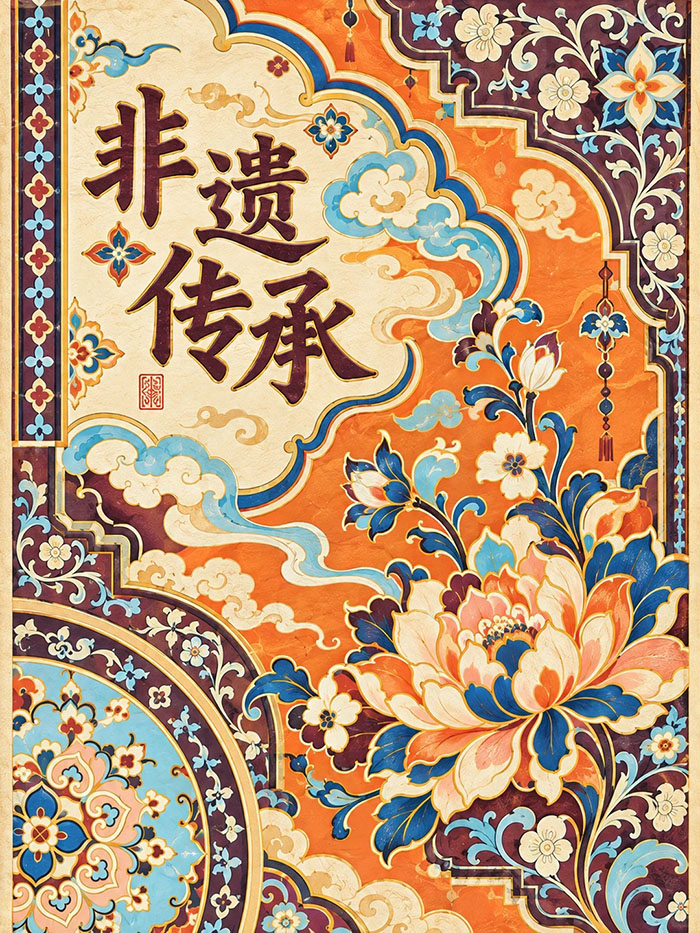非遗传承国风装饰海报AI绘画提示词 – 敦煌风格华丽书法模板