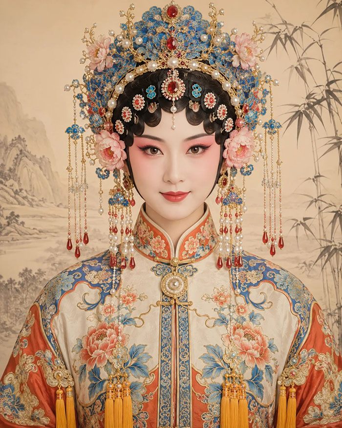 京剧青衣国风半身肖像AI绘画提示词 – 工笔写实戏曲美人模板