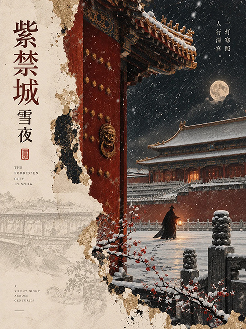 当代东方叙事艺术海报AI绘画提示词 – 建筑人物编辑设计模板