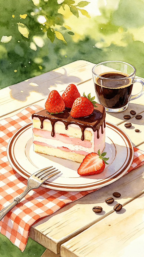 水彩手绘草莓蛋糕野餐插画AI绘画提示词 – 治愈美食模板