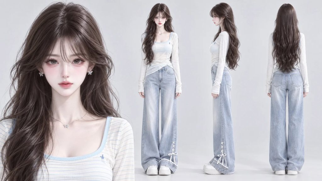 高精度3D半写实国漫成年东方少女角色设定图AI绘画提示词 – BJD人偶四视图模板