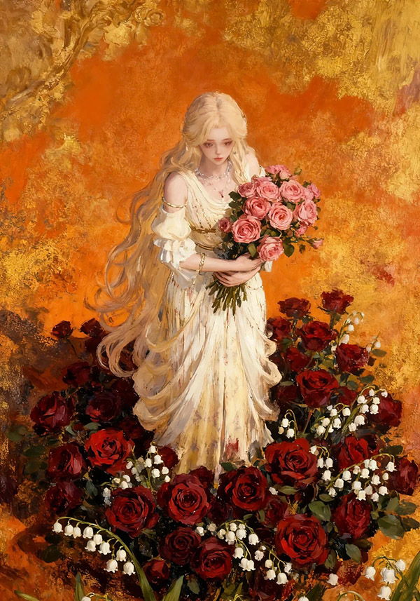 洛可可宫廷阴郁病娇花丛人物AI绘画提示词 – 厚涂水粉艺术插画模板