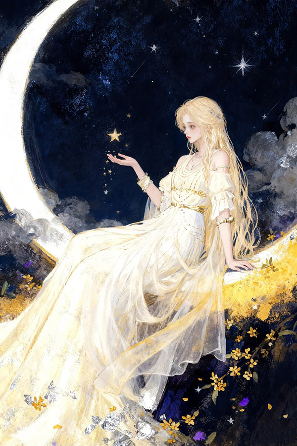 月亮仙女弯月星空人物插画AI绘画提示词 – 仙气清雅厚涂水粉模板
