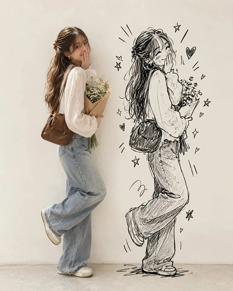 混合媒介真人涂鸦阴影肖像AI绘画提示词 – 俏皮随机姿势模板