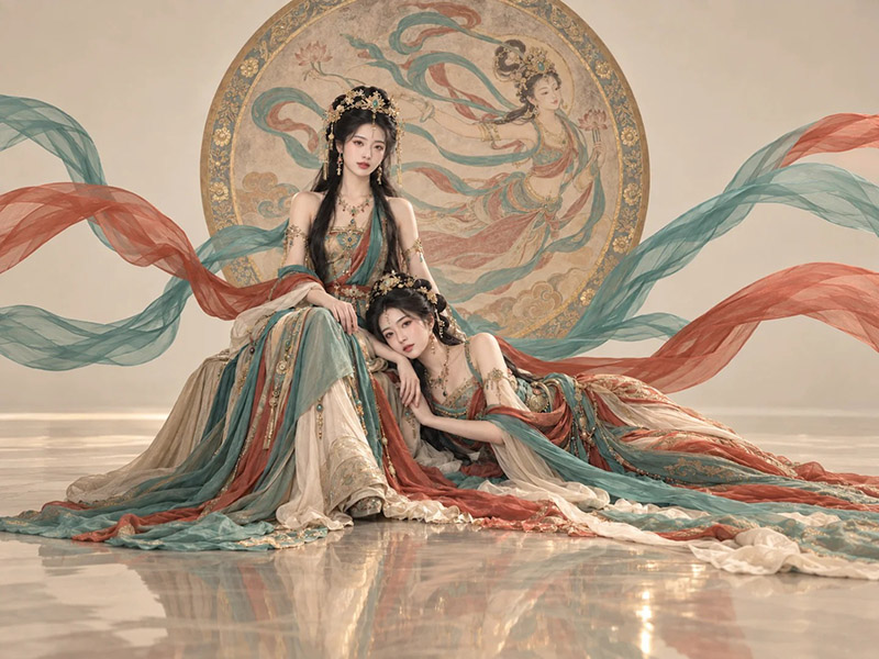 超写实敦煌飞天东方神女双人时尚摄影AI绘画提示词 – 电影级商业大片模板