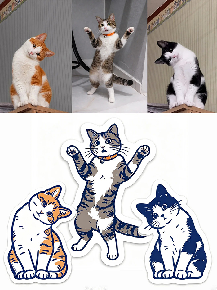 照片转极简深蓝线条贴纸插画AI绘画提示词 – 街头潮牌风格模板