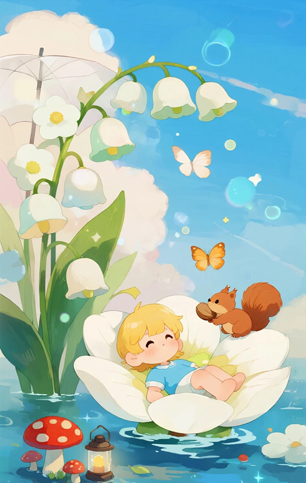 卡通童话金发小孩漂浮花朵容器AI绘画提示词 – 治愈梦幻绘本模板