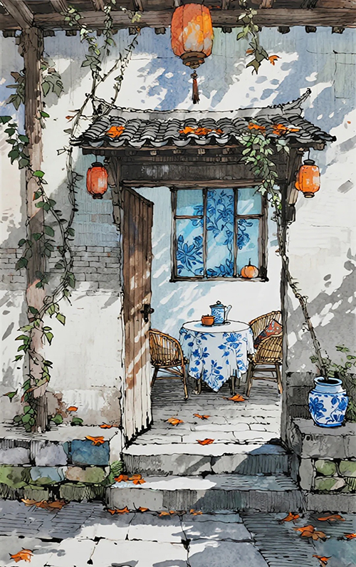 复古钢笔彩铅郊外民宿院落插画AI绘画提示词 – 青花蓝暖橘手绘模板