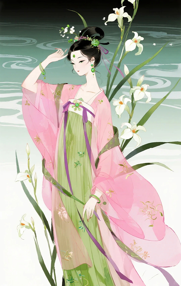 高定艺术插画诗意绘本叙事AI绘画提示词 – 藕荷豆绿丝绣留白模板