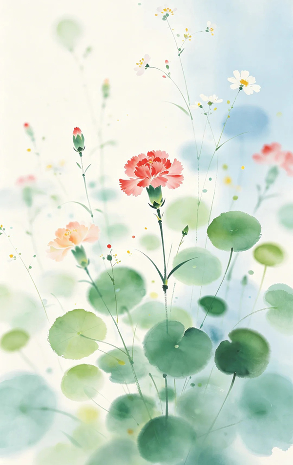 春日意境抽象花卉中国画AI绘画提示词 – 朦胧文艺淡绿模板