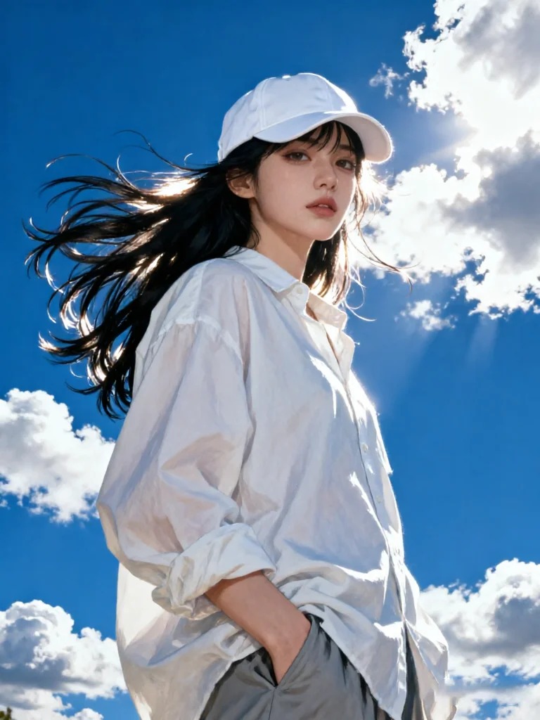 时尚人像提示词 蓝天日光白亚麻衬衫少女仰视镜头 AI 咒语